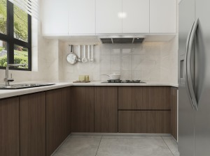 厨房地柜运用深色，白色台面让空间看起来干净整洁，简约而又不失搭配，白色吊柜，让整个空间，现代感更强。