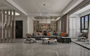 沙发背景墙设计了镂空隔断的造型，金色不锈钢材质，增加了整个空间的轻奢高级感。