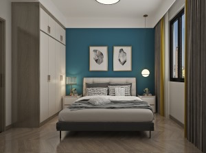 床头背景墙进行了跳色的设计，蓝色乳胶漆与互补色黄色窗帘拼色进行搭配，长时间居住也不会产生视觉疲劳。