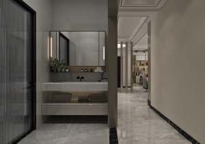 卫生间设计了干湿分离，灰色墙砖突显出了整个空间的高级感，大理石台面浴室柜，突显出高档的生活品质。