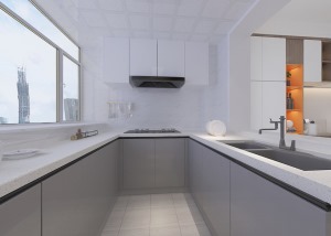 厨房设计采用U型台面设计，使用起来更加方便，也不浪费空间，地柜和吊柜的组合也增加了储物功能。