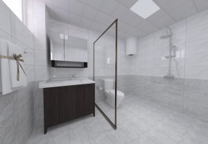 卫生间采用推拉式镜柜，增加了整个空间储物能力，卫生间的墙地砖都使用亮面大理石，增加整个空间的光泽度。