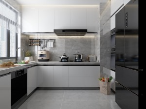 厨房U字型的设计最大化利用空间，玻璃窗引入自然光线，空间开阔而通透。
