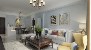 客厅用极浅的灰色作为墙面基底，用蓝灰、米咖和粉色作为空间印象色，整个配色上一柔一刚，一静一动的结合。