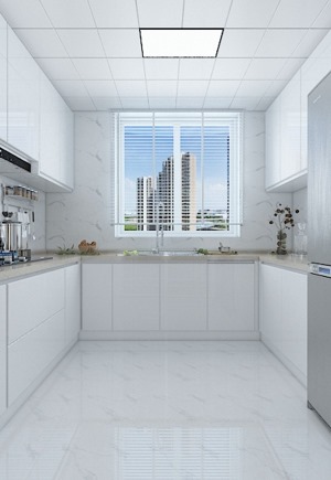  5.厨房：简洁干净的厨房空间，以白色橱柜搭配爵士白瓷砖，洗菜区域与烹饪区域互不干扰。