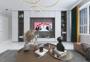 电视墙摒弃掉造型背景，定制柜搭配精致的饰品、利落的线条，开阔的空间为整个设计带来极致舒适的感觉。