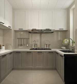 厨房采用U字型的设计，吊柜偏白，地柜偏灰，区分两个区域，也营造一种浪漫的感觉。