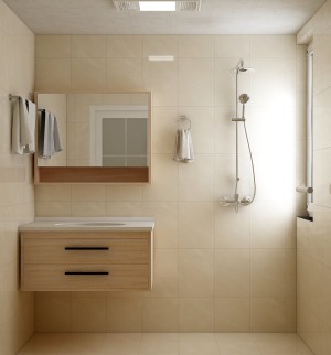 卫生间偏暖色调，小方砖的搭配让空间显得宽敞，壁挂的浴室柜看起来时尚，也易打扫。