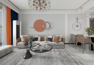 沙发背景墙简单的圆形加上金属装饰处理，窗帘的橙蓝的撞色搭配丰富了层次。