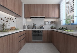 浅色纹理瓷砖，在无形间给厨房获得了扩容，不同肌理与光泽度材质的对比变化，让厨房空间更具质感与韵律。