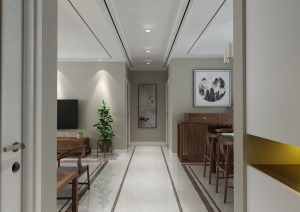 走廊空间以咖色串边的设计，体现房间精致感。走廊尽头以装饰画作为装饰。
