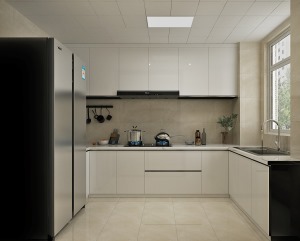 厨房橱柜选用欧派的超晶板，搭配了淡黄纹路的墙砖，给人一种明亮通透的感觉。