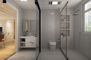 卫生间浅灰色墙砖，彰显出高级的生活品质，白色浴室柜与金色不锈钢的搭配，轻奢感十足。