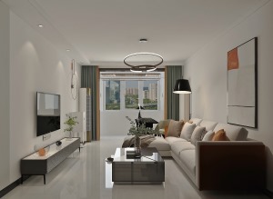 客厅在整体色彩上应用了大面积纯净的白色为基调，再通过几处跳色让整个空间充满了活力与张力。