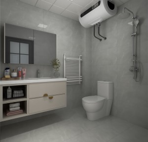 卫生间灰色墙砖突显出了整个空间的高级感，浴室柜上的乳白色木纹搭配金属元素，突显出高级的轻奢感。 