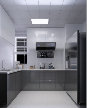 厨房设计采用小L型台面设计，使用起来更加方便，也不浪费空间，地柜和吊柜的组合也增加了储物功能。