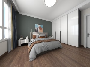 卧室的舒适度为首要考虑，简洁大气，没有做繁杂的造型，白色皮质的床、灰木色的木地板搭配沉稳大气。