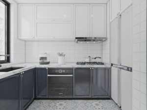 厨房采用U字型的设计，冰箱做内嵌的形式，尽可能的利用空间，吊柜和地柜的色调做区分，不会显得单一。