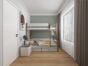 次卧室较小，作为孩子房间很合适，整体蓝色的乳胶漆颜色给人一种星空的感觉，搭配上挂画显得童趣、温馨。