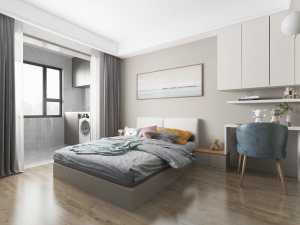 次卧室空间也是素雅、干净的灰白色调，阳台设计的洗衣机+储物柜子的放置方便平时的居家生活。