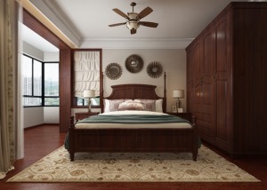 卧室作为休息的空间，舒适度为首要考虑，没有做繁杂的造型，床头背景墙搭配的圆形小挂饰，整体显得沉稳大气
