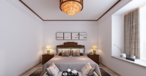 卧室整体白色调，看起来房间明亮，简单的挂画装饰空间，柜子设计在床的对面，这样不会造成空间拥挤。