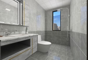 卫生间墙面采用灰色纹理墙面砖拼接铺贴，质感十足，也充分保证卫生间的光线。