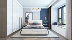 卧室背景墙采用灰色+蓝色的乳胶漆搭配让空间整体显得静谧，衣柜采用白色门板提亮空间色调，看起来不灰暗。