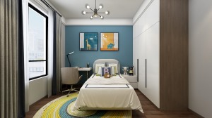 儿童房的床头墙面采用蓝色调为主点缀两幅儿童画做为装饰，本套儿童房的配饰是以功能性为主。