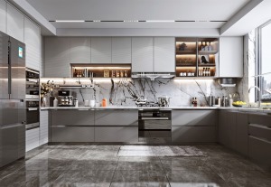 厨房U型橱柜的设计，材质上选用雅致的灰色瓷砖;色彩上则运用清幽淡雅的基调，格调简约不失优雅。