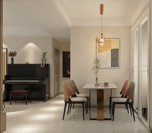 餐厅空间不大，采用四人的餐桌椅设计，莫兰迪色系的搭配增加空间视觉感。