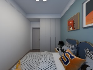 次卧儿童房从色彩上用了深蓝色刷了床头背景墙，儿童房颜色可以活跃一下。