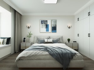 卧室的设计偏素雅一些，老人居住，不喜欢太花哨的，简单实用为主，床头设计壁灯，增加使用方便度。