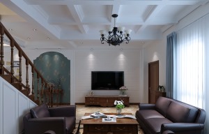 复古造型的组合皮质沙发，以及茶几都具有上乘的质感，让美式古典风格得以进一步的彰显。
