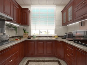 厨房设计采用U型台面设计，空间利用率更高，橱柜选用古典木纹色平板门，与整体风格保持一致。