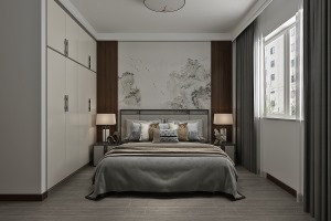 主卧延续客厅影视墙的结构，两侧做木饰面，中建做壁画，这样让卧室空间相对温暖一些，更适合休息。