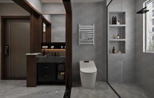 洗手间区域动线分明，整体灰色调和空间颜色相呼应。洗漱台设计在外面方便居家生活，淋浴区域采用干式分离。