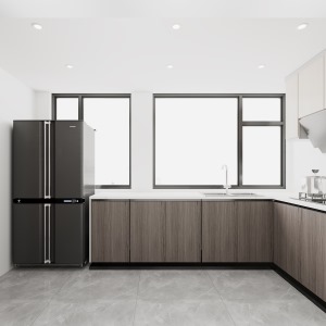 厨房L型设计将烟机灶具放置东侧，更好的增加储物空间，冰箱放置在左侧方便物品的拿放使用。