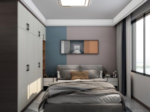 主卧床头背景墙采用双拼色乳胶漆设计，定制柜做调色开放格使整个空间更为活跃，搭配白色衣柜门显得干净清爽