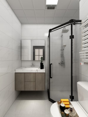卫生间空间动线分明，浴室采用干湿分离设计使用方便，原木色调浴室柜采用墙排式，没有卫生死角、易打理。