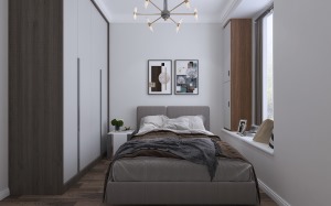 南次卧风格简单，空间衣柜+床的摆放正好合适，床头背景墙挂画的搭配不显单调，增加了层次感。