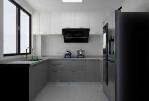 厨房的采光很好，墙砖选用了浅灰色，搭配欧派的阿拉斯加橡木橱柜，使厨房空间显得既明亮通透又有质感。