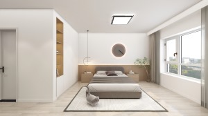 卧室作为休息的空间，没有做繁杂的造型，木地板搭配原木色的衣柜，沉稳大气，增添温馨舒适的感觉。