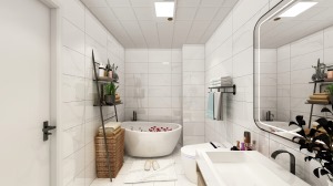 卫生间空间采用白色小砖，显得空间明亮，里侧放置的小浴缸方便孩子的洗浴，后期也可换做其他生活区域。