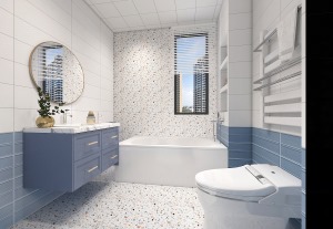 主卫选用蓝色搭配白色瓷砖，配以独特的地砖，让居住者在优雅美好的艺术气息中，享受塞纳河畔的蓝调生活。