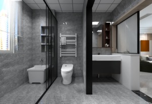 墙地面通铺深色纹理的大理石，洁具选用简约款，淋浴房则采用极简的边框款式，显得黑白构成的卫浴间十分通透
