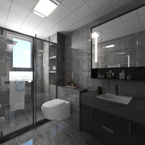 卫生间墙面采用大理石瓷砖，质感十足，干湿分离方便平时的使用，淋浴区做了地面拉槽处理更方便平时的使用。