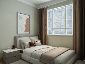 偏灰色朴素色调的床品再加上深灰色的窗帘，给整个房间以稳重简约的空间感觉，给休息时间一个安静的状态。