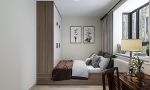 次卧房间相对比较小一些，所以做了榻榻米的方案设计，色调上沿用了新中式风格原木色的整体色调。