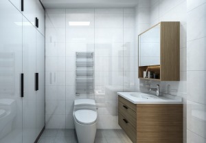 长方形卫生间利用率超级高，客卫还加了很多客户都想装的玻璃淋浴隔断，防止淋浴室时水的外溢。